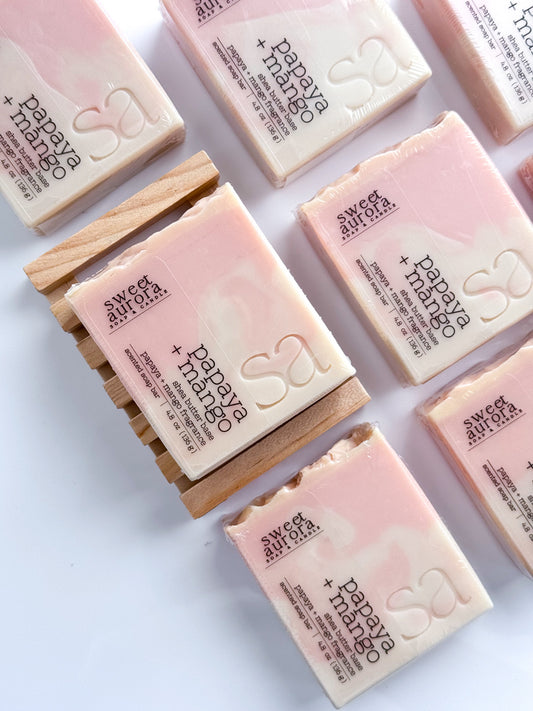 Papaya Mango shea butter soap bars by Sweet Aurora with orange and yellow tropical design