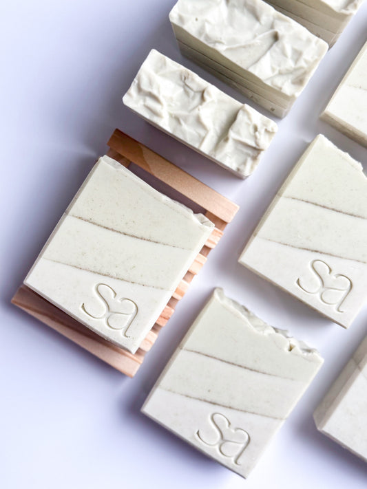 Close-up of handmade eucalyptus soap with colloidal oatmeal and shea butter by Sweet Aurora