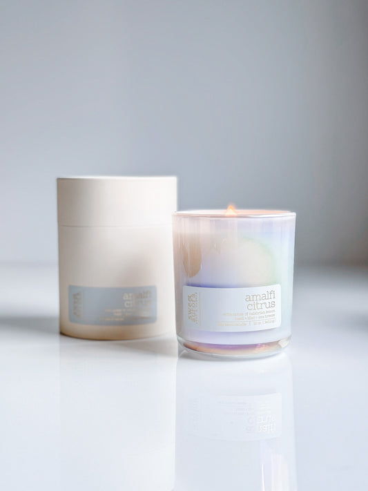 Lit Amalfi Citrus soy wooden wick candle with gift packaging by Sweet Aurora