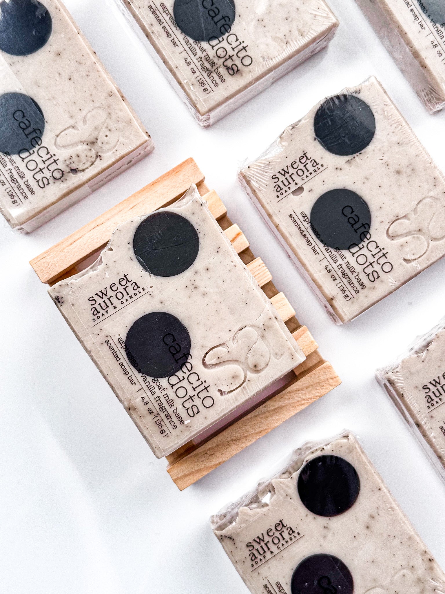 Cafecito Dots coffee scrub soap with espresso grounds and coffee extract by Sweet Aurora