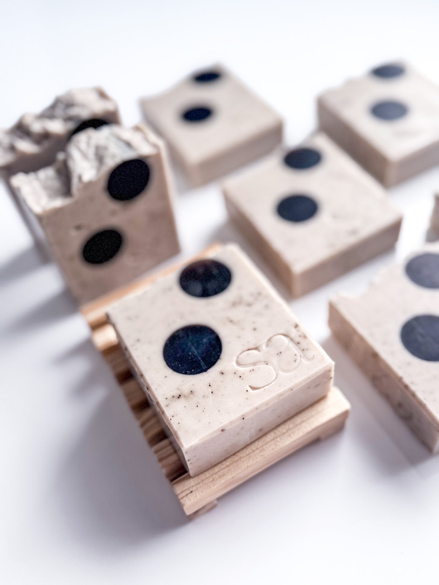 Cafecito Dots espresso coffee soap bars by Sweet Aurora with playful black dot  design
