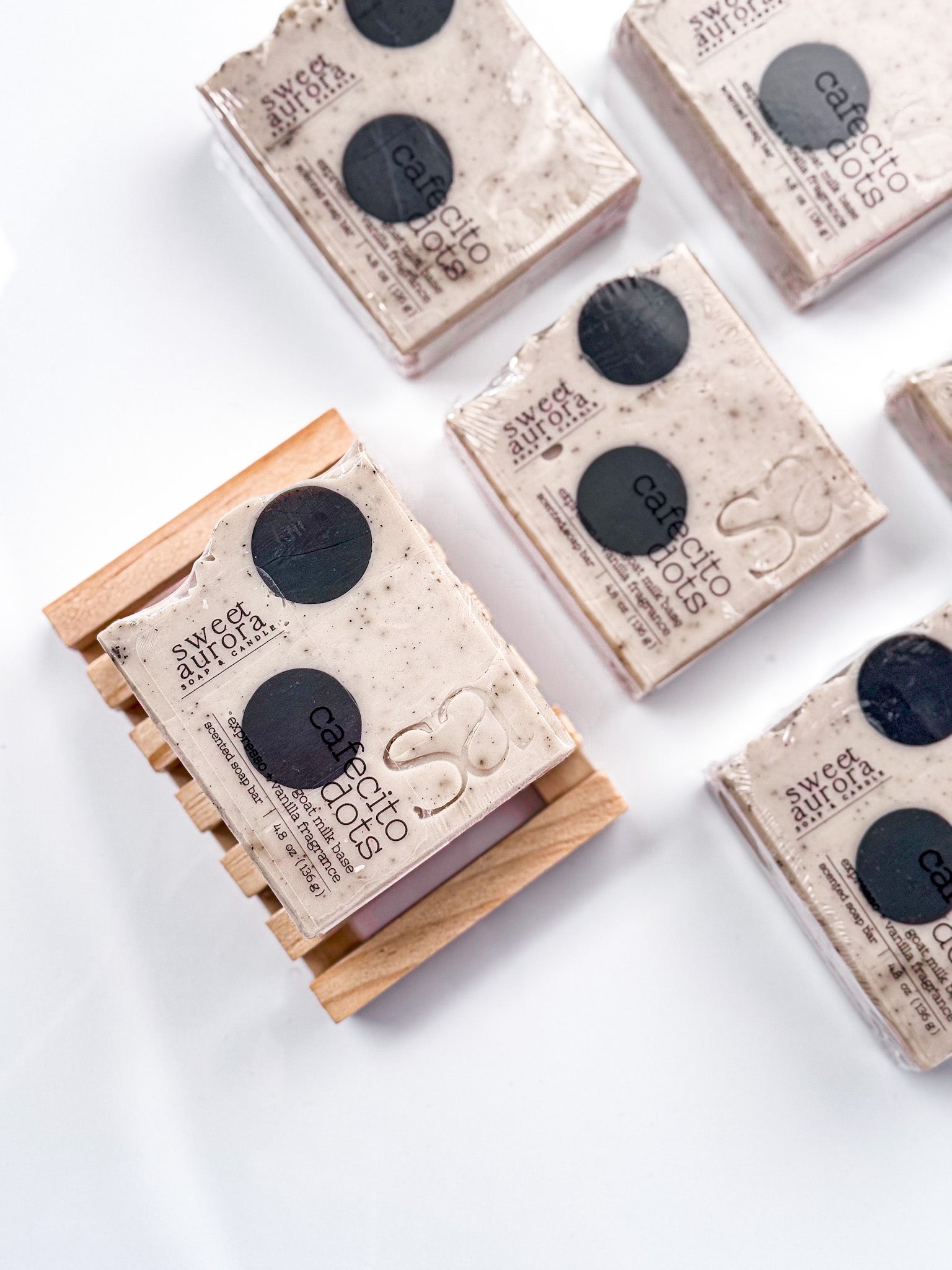 Cafecito Dots espresso coffee scrub soap bars by Sweet Aurora with coffee grounds