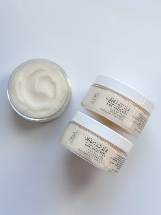 Calendula Blossom gentle exfoliating sugar scrub in jars