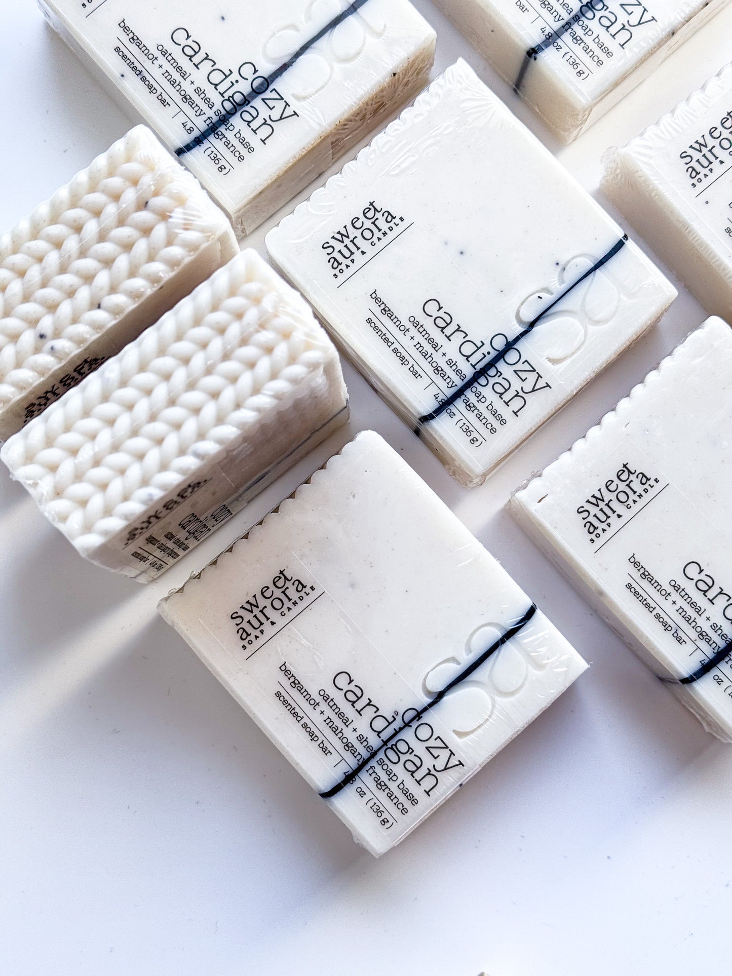Cozy Cardigan oatmeal and shea butter soap bar by Sweet Aurora with sweater knit design