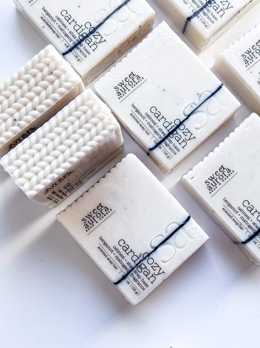 Cozy Cardigan oatmeal and shea butter soap bar by Sweet Aurora with sweater knit design