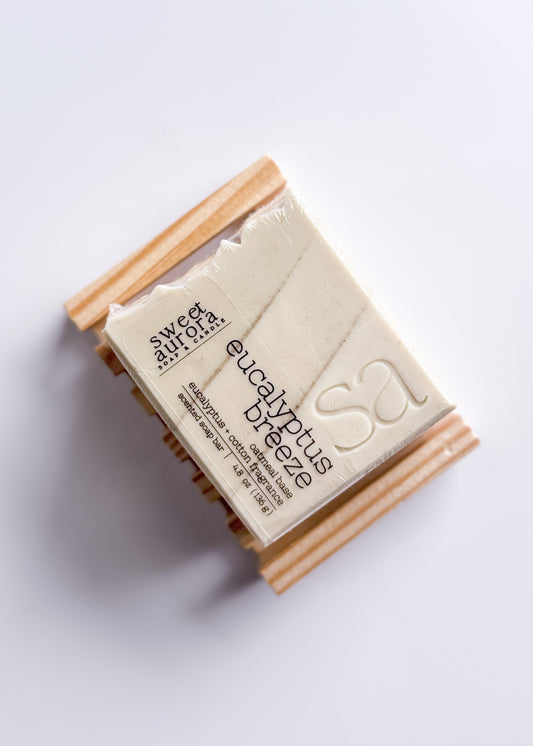 Close-up of handmade eucalyptus soap with colloidal oatmeal and shea butter by Sweet Aurora