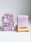 Lavender and amber handmade soap bar with lavender ombre stripes and daisy flower top by Sweet Aurora