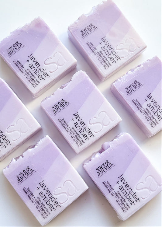 Lavender + Amber soap bars by Sweet Aurora with purple ombré design
