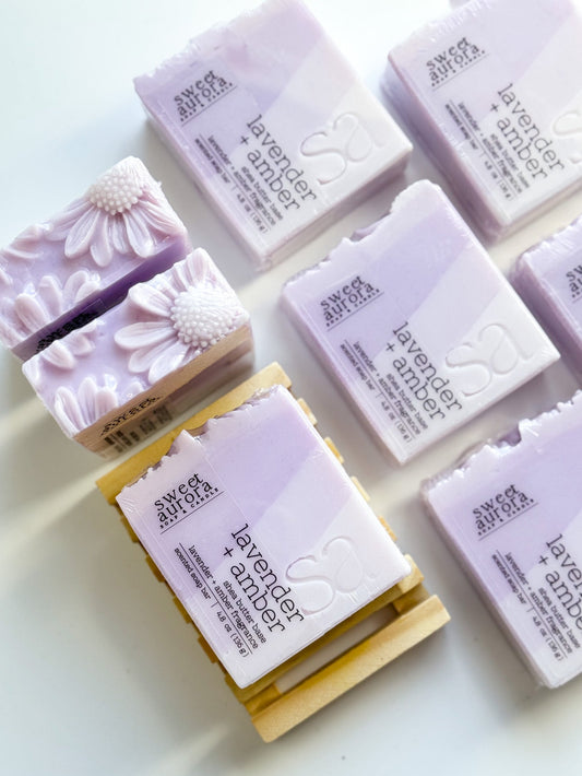 Lavender + Amber shea butter soap bar by Sweet Aurora with purple ombré design