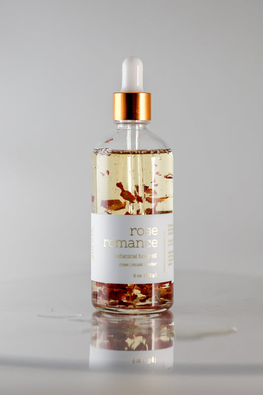 Rose Romance moisturizing body oil with rose petals and rose extract