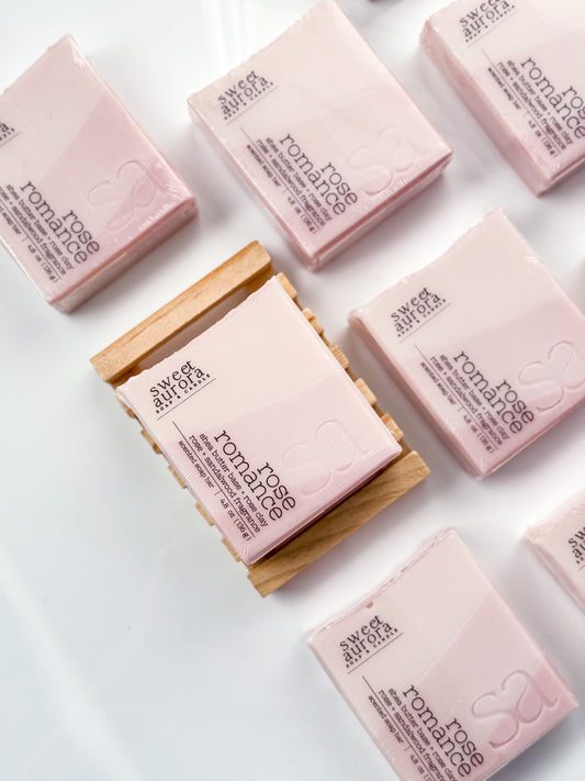 Rose Romance rose soap bars by Sweet Aurora with blush pink English lace design