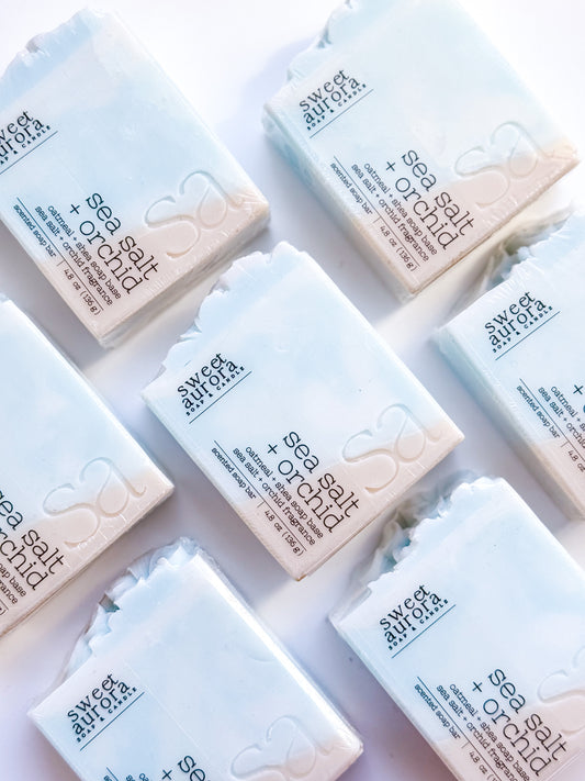 Sea Salt + Orchid handcrafted soap bars by Sweet Aurora with blue ocean-inspired design