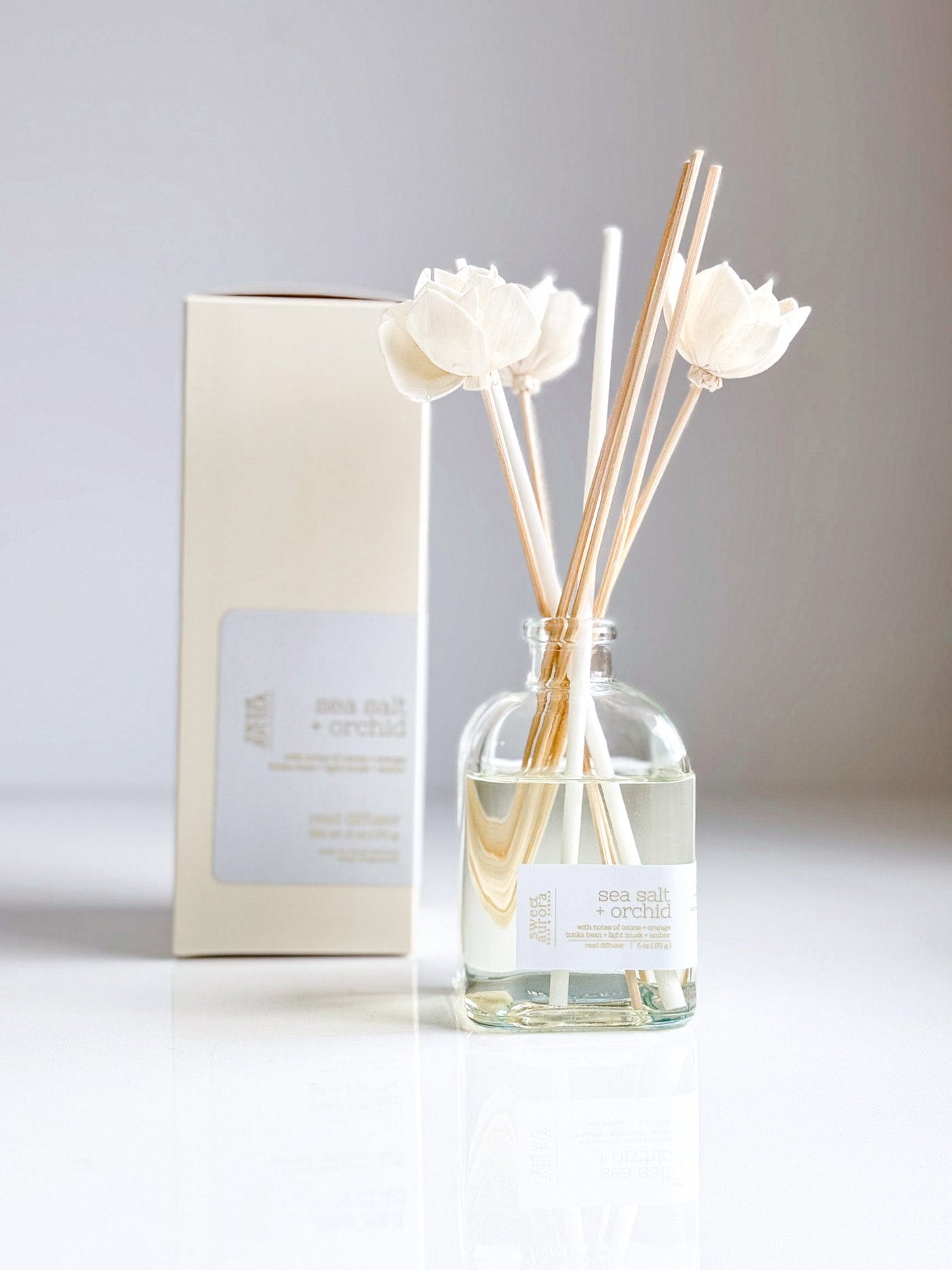Sea Salt + Orchid reed diffuser with decorative reeds and gift box