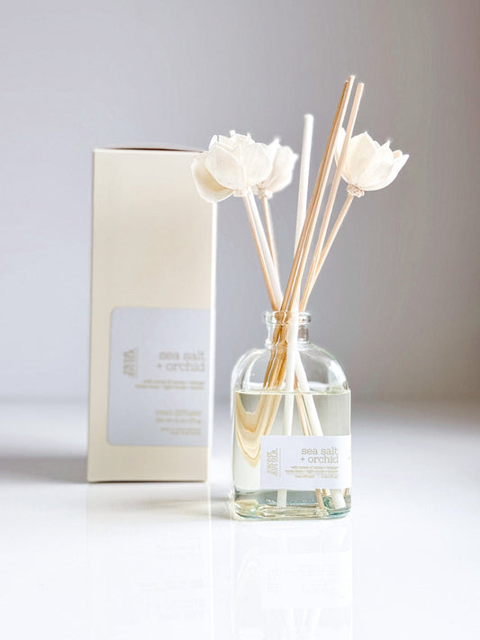 Sea Salt + Orchid reed diffuser with decorative reeds and gift box