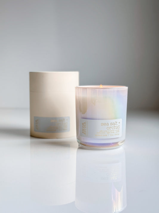 Lit Sea Salt + Orchid soy wooden wick candle with gift packaging by Sweet Aurora