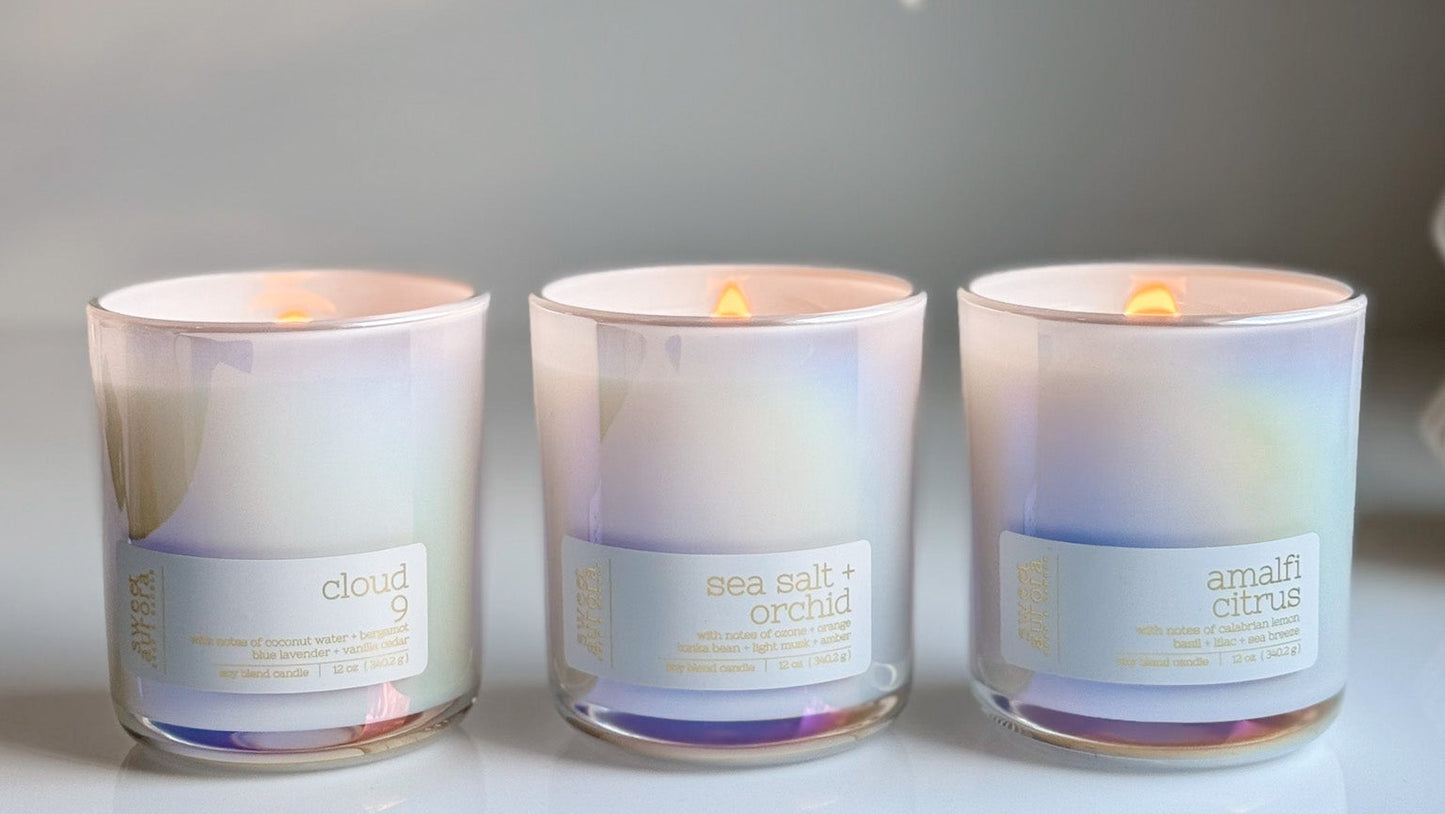 Cloud 9, Sea Salt + Orchid and Amalfi Citrus soy wooden wick candles by Sweet Aurora